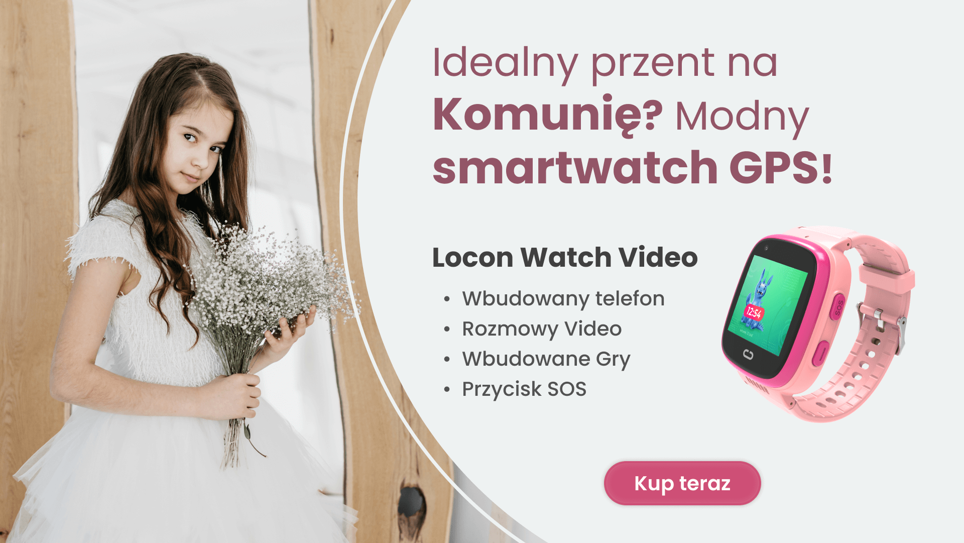 Dziewczynka szykująca się do pierwszej komunii, w białej sukience, trzymająca w rękach kwiaty, ze smartwatchem GPS dla dzieci Locon Watch Video na nadgarstku
