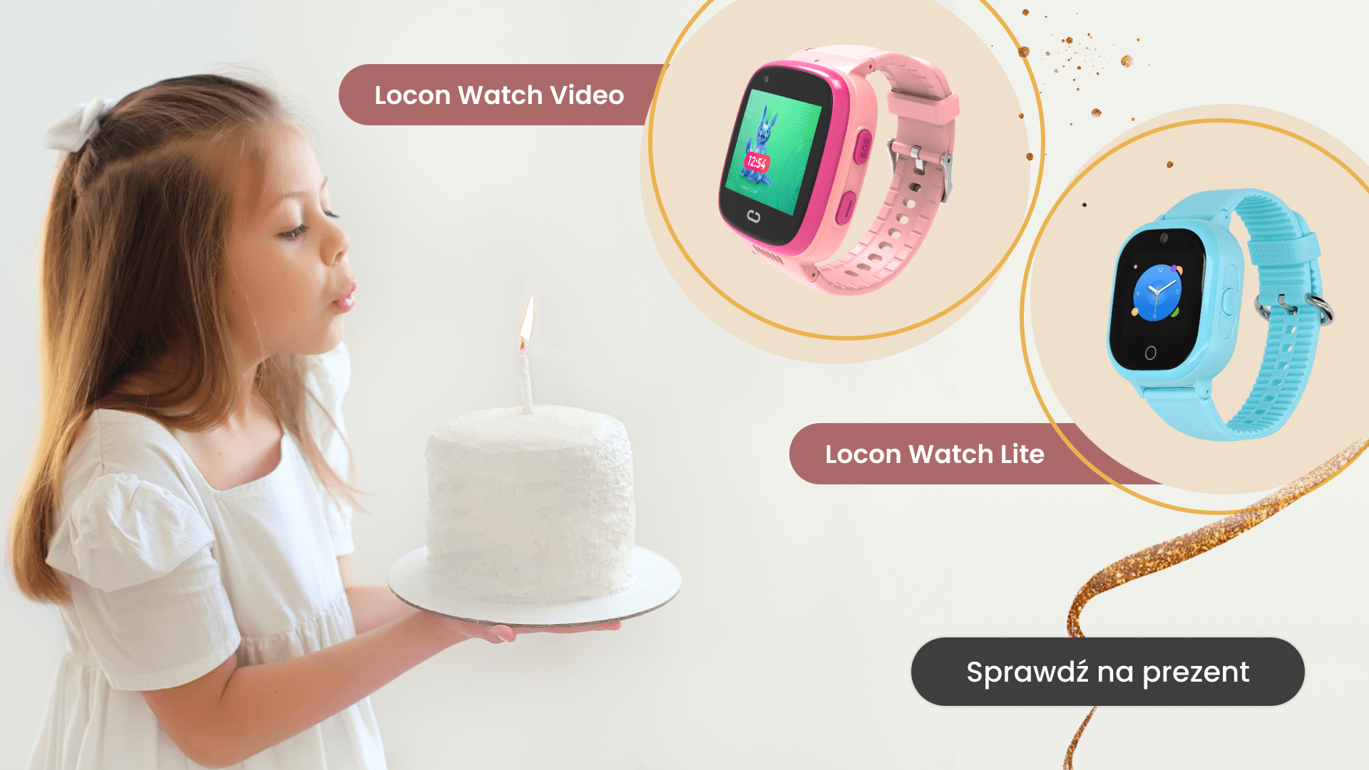 Dziewczynka z tortem z okazji pierwszej komunii świętej i zegarki marki Locon - Locon Watch Lite i Locon Watch Video