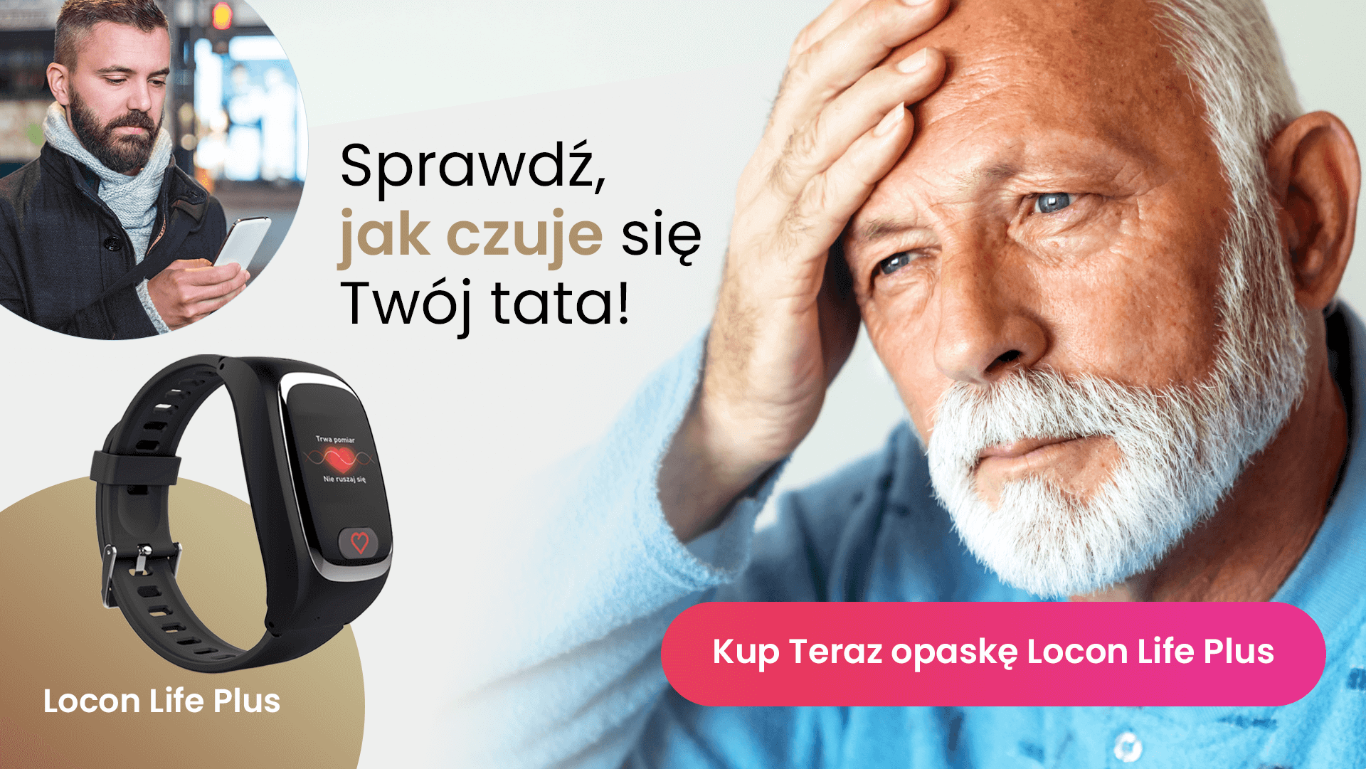 Starszy mężczyzna z siwą brodą, trzymający się za głowę oraz jego syn, zdalnie sprawdzający jego parametry życiowe