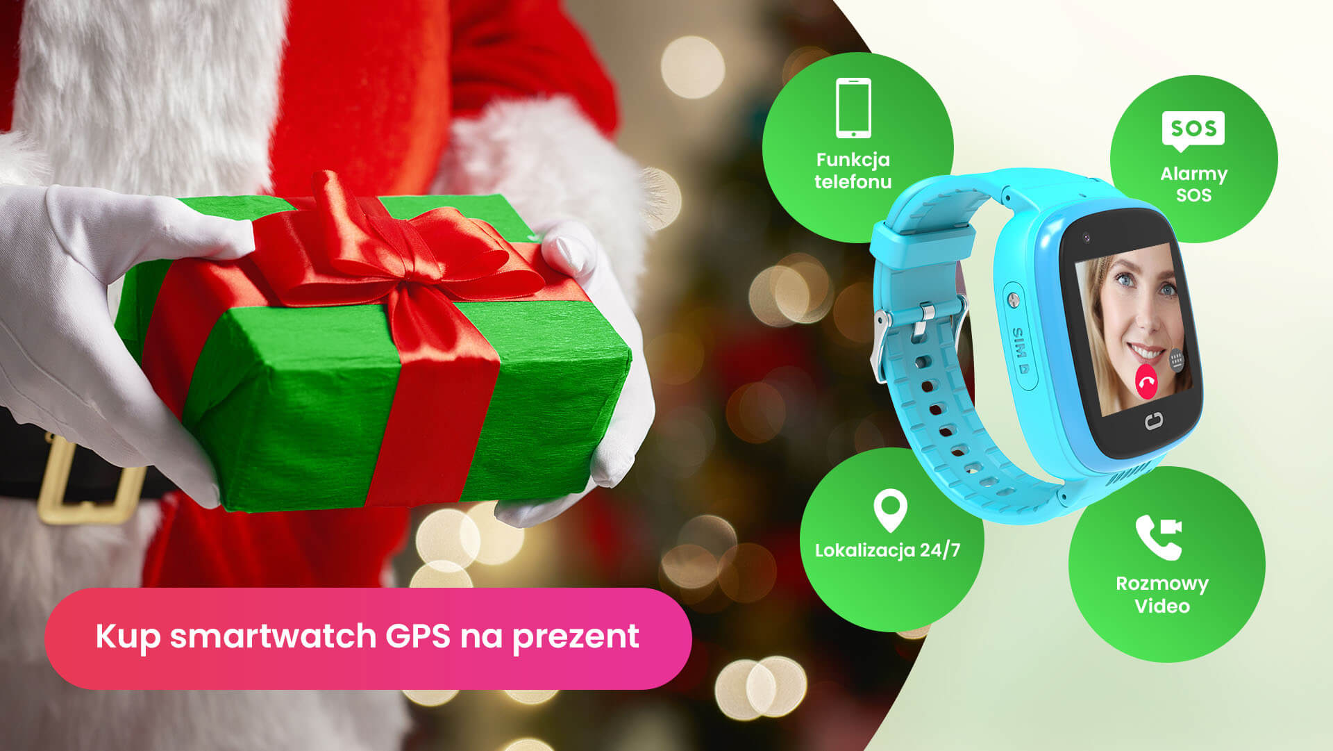 Święty Mikołaj trzymający w rękach zapakowany w zielony papier prezent, w którym jest smartwatch GPS dla dziecka