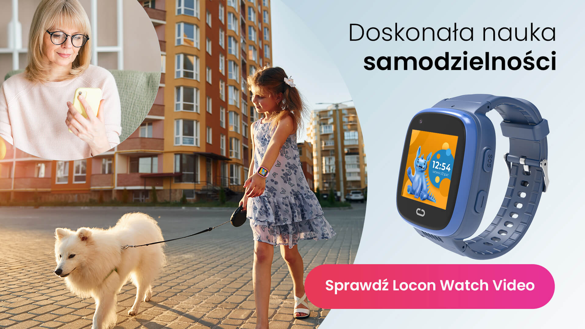 Telefon zegarek SOS dla dziecka, potrzebny czy zbędny wydatek, czyli kilkuletnia dziewczynka spacerująca z psem