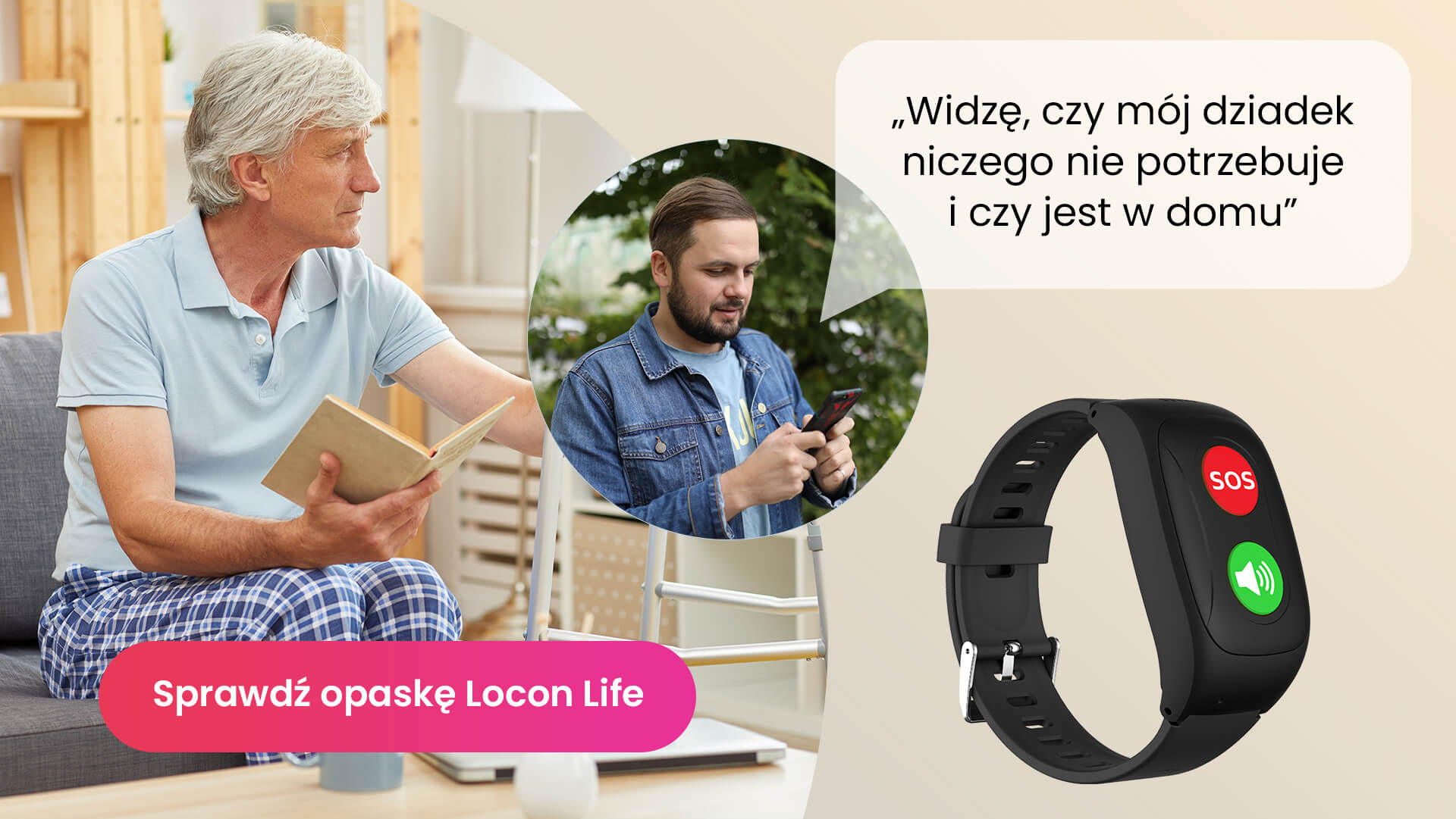 Młody mężczyzna z telefonem komórkowym, lokalizujący starszego mężczyznę siedzącego w jasno urządzonym pokoju
