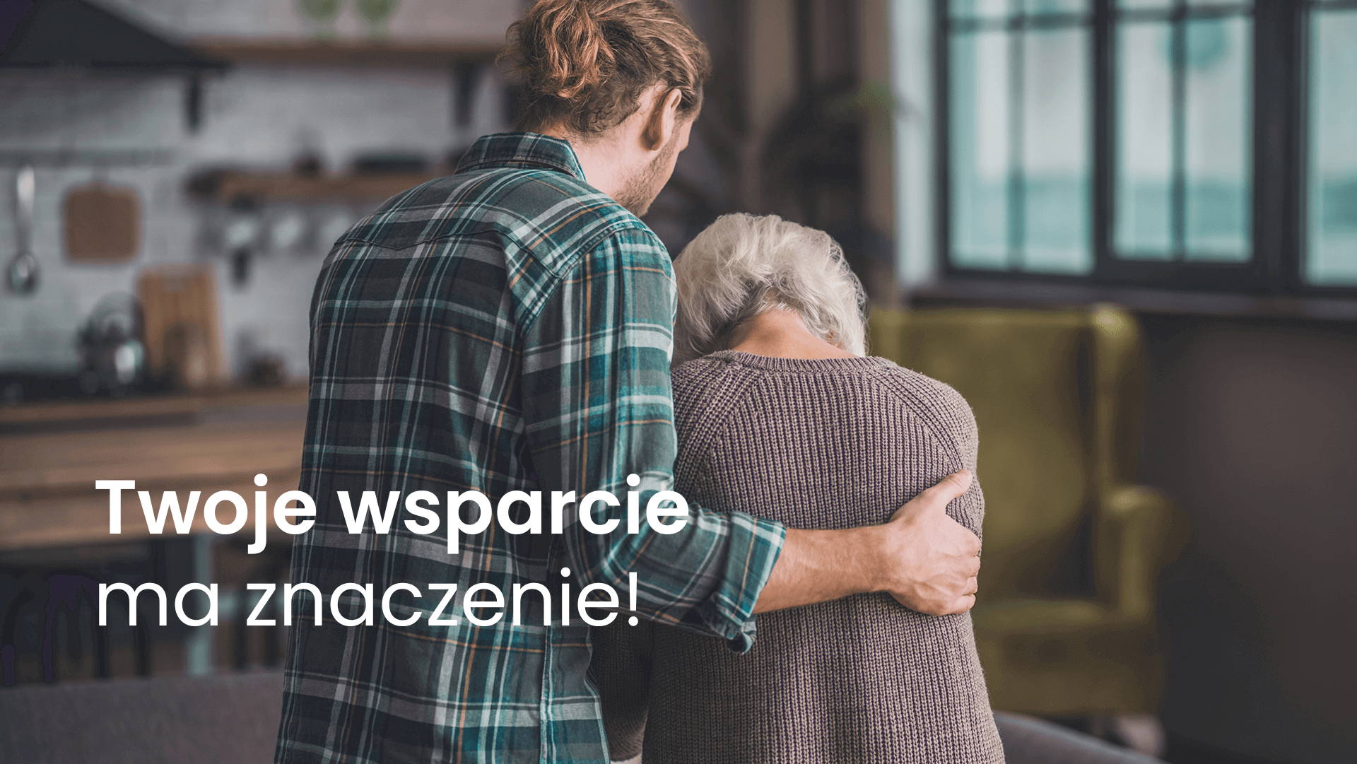 Wnuczek obejmujący osłabioną od przeziębienia babcię w jej domu