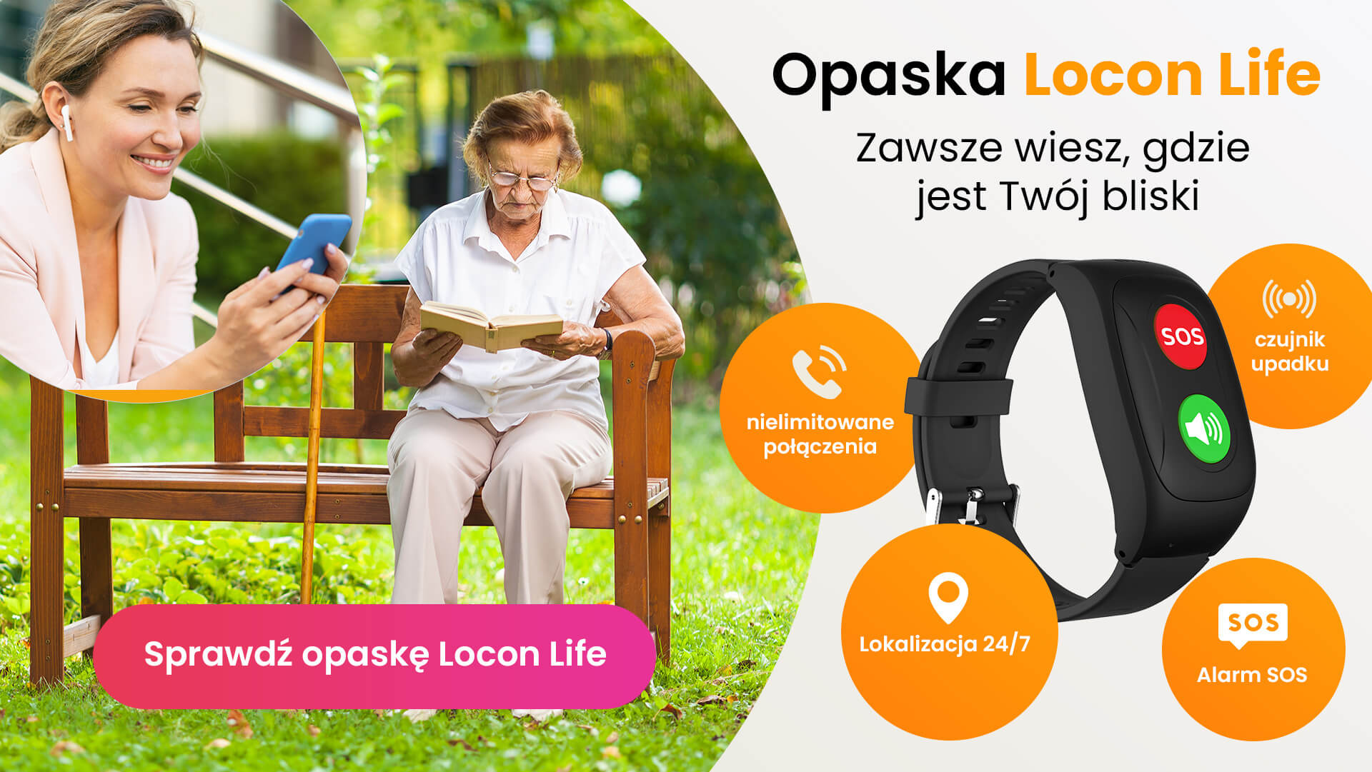 Młoda kobieta patrząca w telefon komórkowy, lokalizująca swoją babcię, która siedzi na drewnianej ławce w ogrodzie i czyta książkę