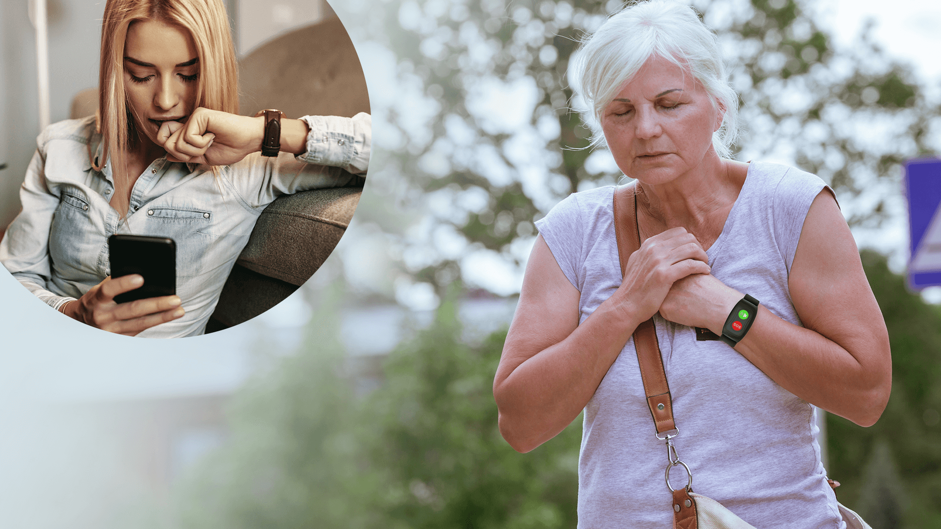 Starsza kobieta idąca ulicą, mająca na nadgarstku opaskę SOS LocoLife, łapie się za serce oraz widok jej wnuczki sprawdzającej, co dzieje się z babcią w aplikacji na telefonie