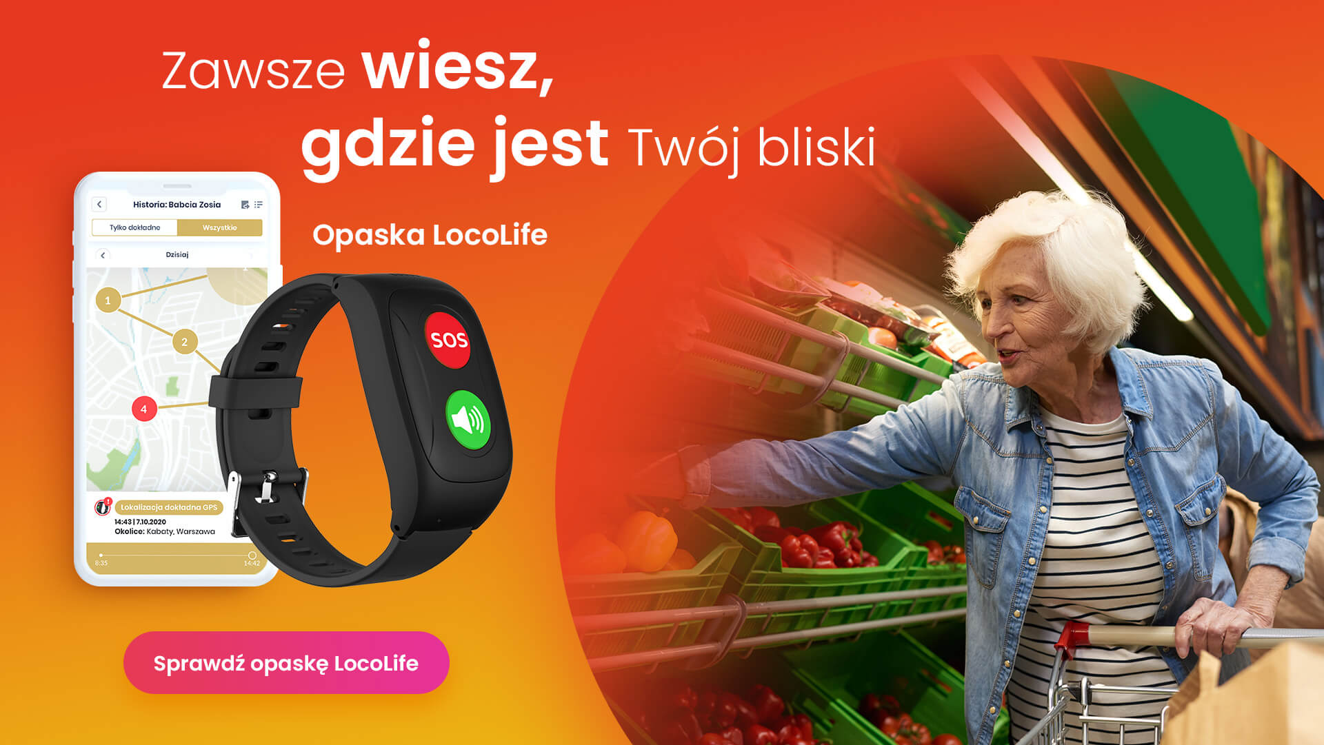 Starsza kobieta robiąca zakupy i widok opaski SOS LocoLife