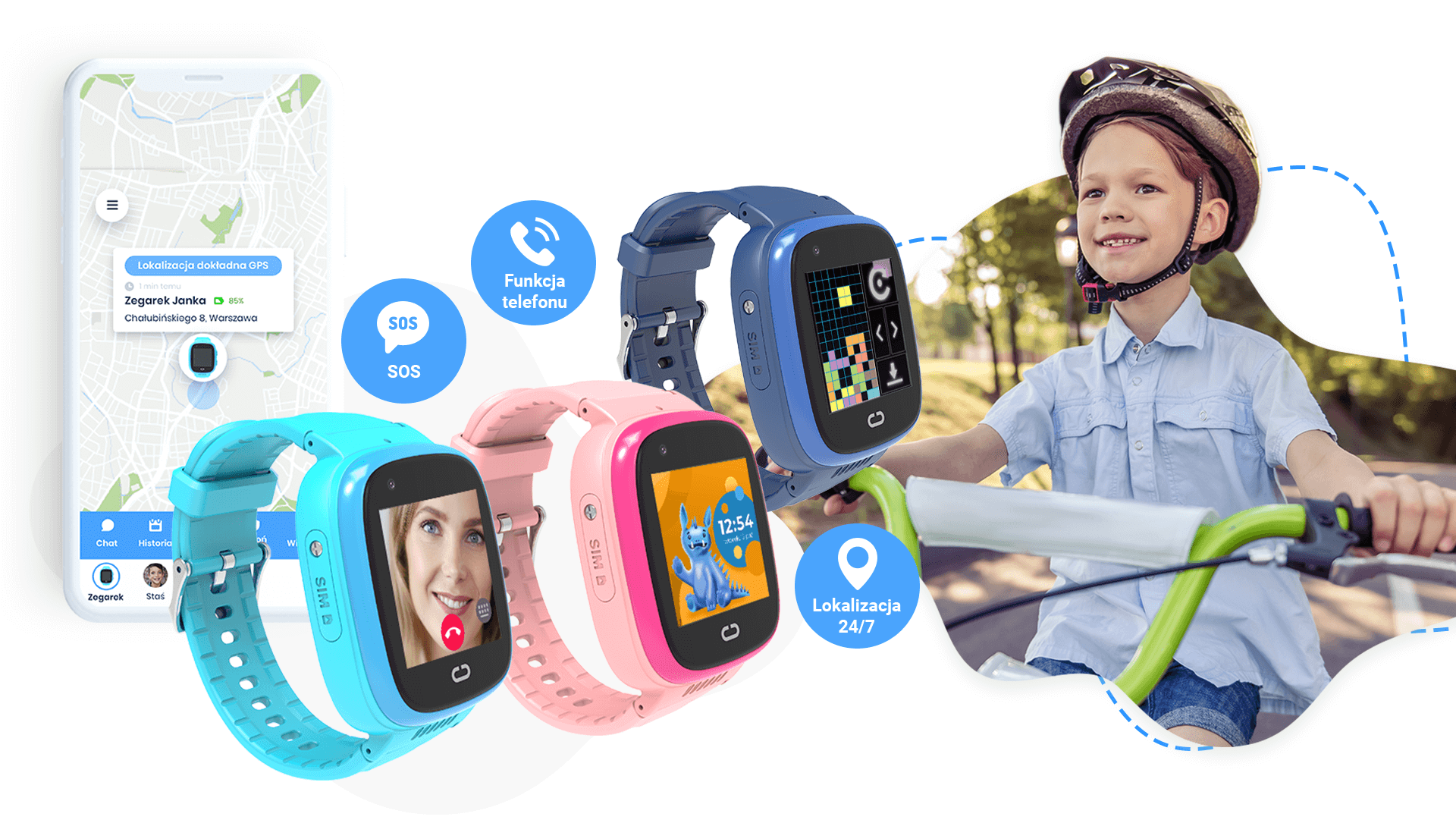 Zegarek na kartę SIM dla dziecka, wygodna kontrola malucha na każdy czas, czyli chłopiec jadący w kasku na rowerze i widok smartwatchy GPS dla dzieci